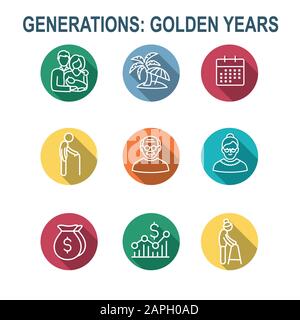 Generationen: Die goldenen Jahre Icon Set mit Ruhestand Kalender, Geld, etc. Stock Vektor