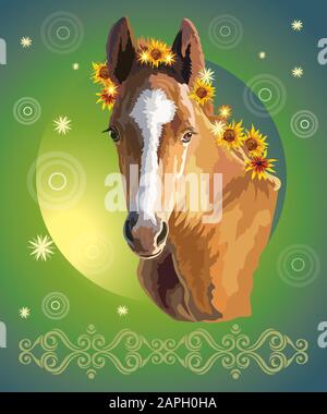 Lustige Fohlen, Vektor bunt realistische Illustration. Portrait von Bay kleines Pferd mit Sonnenblumen in Mähne isoliert auf grünem Gradientenhintergrund. Bild Stock Vektor