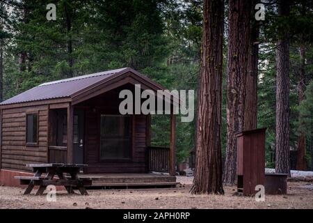 Standard-Holzkabine auf einem California State Park Campground, mit Holzbank, Feuerring und einem Bärenschrank. Diese befindet sich bei McArthur-Burney Falls S Stockfoto