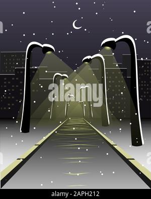 Nachtstadtstraße mit Laternen, leerer Eisstraße und fallendem Schnee Stock Vektor