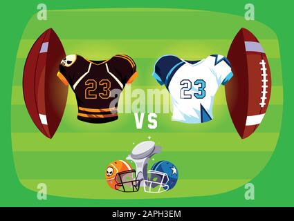Helme Trophäe und Uniformen im Ball über dem Feld Design, Super Bowl american Football Sport Hobby Wettbewerb Spiel Trainingsausrüstung Tournement und Spiel Thema Vector Illustration Stock Vektor