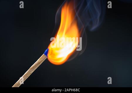Holz-Streichholz mit blauem Kopf entzündet und brennendes helles Großfeuer auf schwarzem Grund. Stockfoto