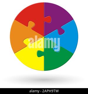 Rundes Puzzle mit sechs Optionen in verschiedenen Farben Stock Vektor