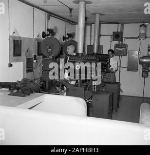 Reise nach Suriname und die niederländischen Antillen Beschreibung: Der Filmstand des Freilichtkinos asiento im Stadtteil Rio Canario der Erdölraffinerie CPIM am Curaçao Datum: 1947 Ort: Curaçao Schlüsselwörter: Kino-Mitarbeiter, Kinos, Filmprojektion, öffentlicher Institutionsname: CPIM Stockfoto