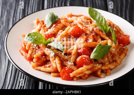 Pasta Trofie Rezept mit Tomatensauce, Parmesan und Basilikum Nahaufnahme in einem Teller auf dem Tisch. Horizontal Stockfoto