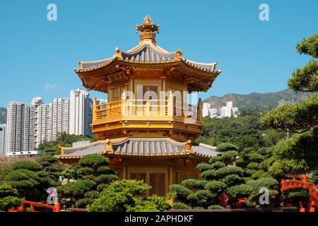 Hongkong, China - November 2019: Der goldene Pavillon der Absoluten Perfektion im Nan Lian Garden, Chi Lin Nunnery in Hongkong Stockfoto