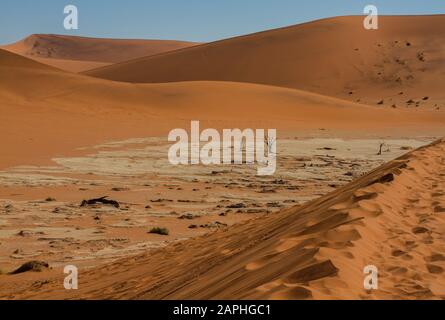 Landschaft der roten Sanddünen von Sossusvlei und der toten Bäume von Deadvlei aus einer Düne mit Fußabdrücken im Sand in Sossusvlei, Namibia Stockfoto