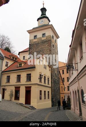 Schwarzer Turm, Wahrzeichen mittelalterlichen Struktur, Loket, Tschechische Republik Stockfoto