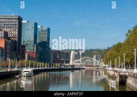 Wahrzeichen von ISOZAKI ATEA Zwillingstürme und Zubizuri (Campo volantin) Brücke. Bilbao, Spanien Stockfoto