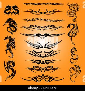 Dragon Tatto und Tribal Design Kollektionen Stock Vektor