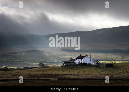 Upper Teesdale, County Durham, Großbritannien. Januar. Wetter in Großbritannien. Die Wolke fegt über die Fells über den Gehöften von Upper Teesdale in den North Pennines. Credit: David Forster/Alamy Live News Stockfoto