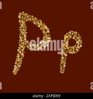 QQ goldener Glitzerbrief. Neueres lateinisches Alphabet. Übliche Goldtextur. Handschriftlich, leicht. Vektor ABC. Lateinische Kalligraphie. Stock Vektor