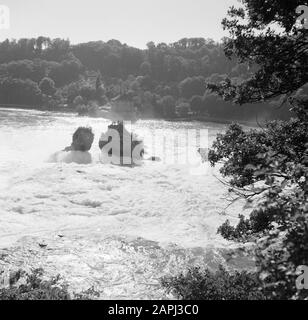 Rheinnavigation, Bericht über Leben und Arbeit an Bord eines Rheinschiffs Beschreibung: Der Wasserfall bei Schaffhausen Datum: 1. April 1955 Standort: Schaffhausen, Schweiz Schlüsselwörter: Flüsse, Wasserfälle Stockfoto