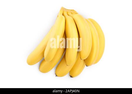 Baby-Bananen-Bund isoliert auf weißem Hintergrund mit Beschneidungspfad und voller Schärfentiefe. OP-Ansicht. Flaches Lay Stockfoto