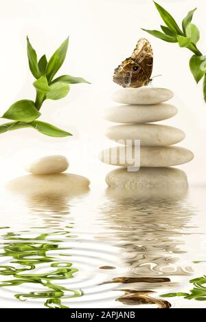 Zen-Garten mit Lichtsteinpyramide, Bambusblättern und einem Schmetterling auf dem Haufen Stockfoto