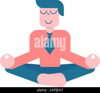 Büromeditation. Geschäftsmann, der im yoga-lotus sitzt, posiert, entspannt sich und schwustet in der Luft. Vector Cartoon flaches Zeichen isoliert auf weißem Hintergrund. Stock Vektor