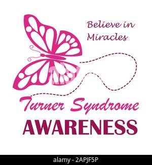 Turner Syndrome Awareness Month wird ib Februar gefeiert. Pink Schmetterling Symbol Vektor auf weißem Hintergrund . Glauben Sie an Wunder Text und Krimson Stock Vektor