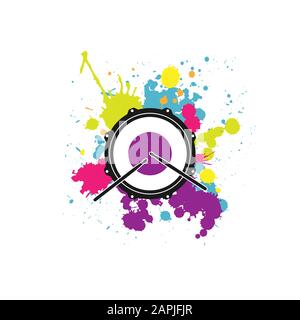 Vektorlogo der Rockschule oder Rockband. Snare Drum mit Schlagstöcken und hellen Farbtropfen oder Spritzern. Rockmusik-Label. Vecor-Logo auf weiß isoliert Stock Vektor