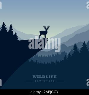 Wildlife Adventure Elk in der Wildnis auf einer Klippenvektorillustration EPS10 Stock Vektor