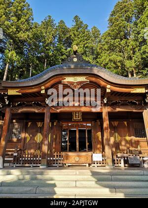 Takayama, JAPAN - Mai 2019: Der Sakurayama Hachimangu-Schrein, der älteste Schrein in Takayama Stockfoto