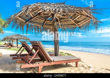 Tropisch schöner Strand in Sri Lanka. Meer und schönes Sandufer mit Strandbetten und Sonnenschirmen. Sonniger Blick auf den idyllischen und romantischen Meeresstrand. Konzept Stockfoto