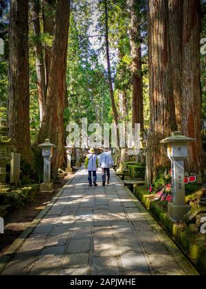 Pilger, die den langen Weg auf dem Friedhof von Okunion in Richtung des Kobo-Daishi-Mausoleums in der UNESCO-Welterbestätte Koyasan in Kansai, Japan, gehen Stockfoto