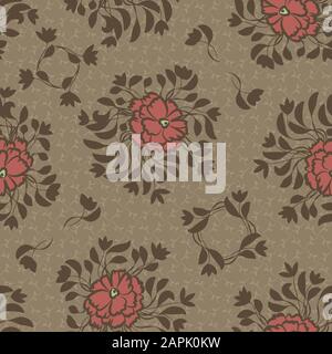 Rote Blumen auf braunem Grund nahtloses Vektor-Ziermuster Stock Vektor