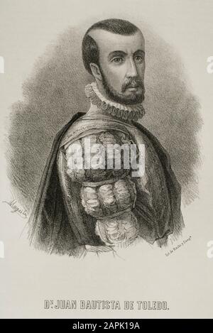 Juan Bautista de Toledo (1515-1567). Spanischer Architekt. Hochformat. Die Lithographie. Cronica General de España, Historia Ilustrada y Descriptiva de sus Provincias. Castilla-La Nueva, 1869. Stockfoto