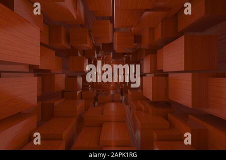 3D-Darstellung von Hintergründen abstrakt. Roter Holzkasten. Stockfoto