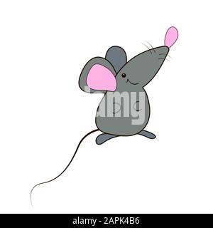 Lustige graue Maus mit pinkfarbener Nase, isoliert auf weißem Hintergrund. Ein Rattensymbol. Maskottchen des Jahres. Cartoon-Tier für Karten, Plakate, Drucke auf T-shir Stock Vektor