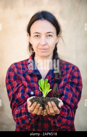 Junge Frau, die an sonnigen Frühlingstag urbane Gartenarbeit macht Stockfoto