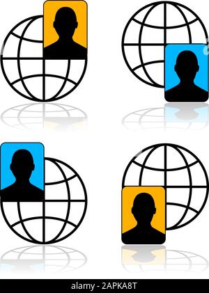 Symbolsatz, der eine Person und einen Globus anzeigt, die internationale Verbindungen darstellen Stock Vektor