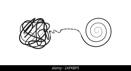 Komplexe Linien verknoten sich in einfache Spiralen, komplexe Problemlösungssymbole, Designkonzept, isolierte Vektorgrafiken Stock Vektor