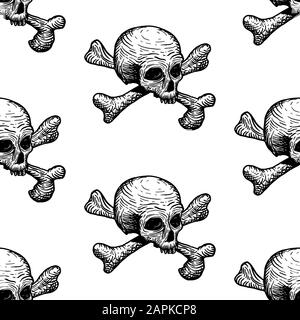Nahtloses Muster mit Schädel und Knochen auf weißem Hintergrund. Abbildung der Vektorhandzeichnung. Stock Vektor