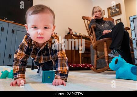 Siebenmonatiger Baby-Junge, der glücklich im Wohnzimmer krabbelt; Großmutter sitzt im Hintergrund Stockfoto