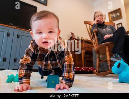 Siebenmonatiger Baby-Junge, der glücklich im Wohnzimmer krabbelt; Großmutter sitzt im Hintergrund Stockfoto