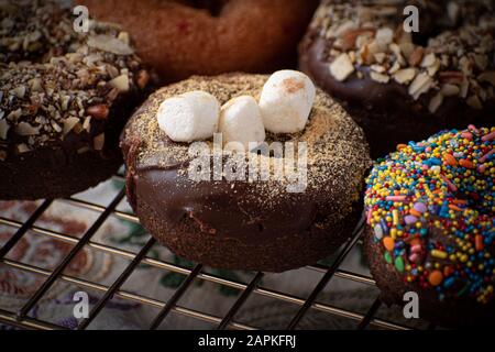 Schokoladenglasierte Donut mit Plätzchenkrümchen und Mini-Marshmallows bestreuen Stockfoto