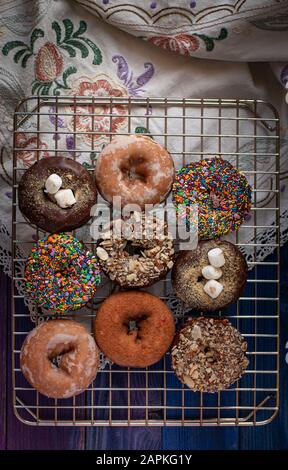 Schöne Donuts mit Schokoladenglasur, bestreuen, Marshmallows und gehackten Nüssen Stockfoto