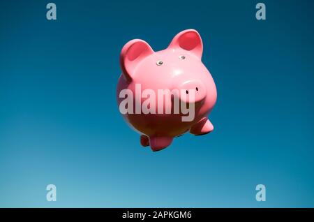 Die rosafarbene Schweinebank mit breitem Blick, die in klarem blauen Himmel fliegt, ist ein Kopierraum Stockfoto