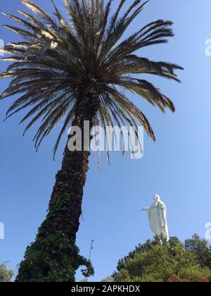 Santiago, Chile. Februar 2019. Die Statue der Jungfrau auf dem Cerro (Hügel) San Cristobal im Parque Metropolitana de Santiago ist ein Wahrzeichen in Santiago, Chile, 20. Februar 2019. Während viele Menschen zu Fuß oder mit dem Fahrrad hinauf wandern, kann man es auch mit der Standseilbahn erreichen. Credit: Mark Hertzberg/ZUMA Wire/Alamy Live News Stockfoto