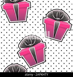 Geschenkbox Seamless Pattern Party präsentiert Design auf schwarzen Polka Dots Hintergrundtapete, Vektor wiederholbare Kachel für Papier oder Textil Stock Vektor