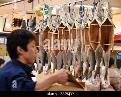 Kanazawa, Japan. Nov. 2018. Fisch steht am Mittwoch, 21. November 2018, auf dem Omicho-Hallenmarkt in Kanazawa, Japan zum Verkauf. Credit: Mark Hertzberg/ZUMA Wire/Alamy Live News Stockfoto