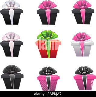 Set aus leuchtend rot-rosa schwarzen Geschenkschachteln mit Schleifen und grünen Bändern unterschiedlicher Größe . Vektorgrafiken isoliert auf Weiß Stock Vektor