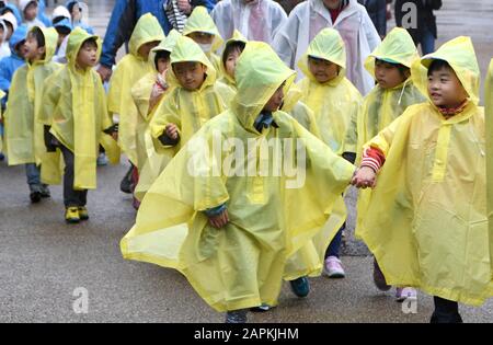 Tokio, Japan. Nov. 2018. Schulkinder gehen bei einem Schulausflug im Ueno Park, Tokio, Japan, Freitag, 9. November 2018 im Regen. Credit: Mark Hertzberg/ZUMA Wire/Alamy Live News Stockfoto