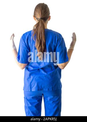 Ärztin in blauer medizinischer Uniform mit sterilisierten Handschuhen Isoliert auf weißem Hintergrund Stockfoto