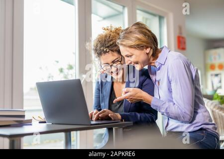 Zwei glückliche Geschäftsfrauen mit Laptop zu Hause Stockfoto