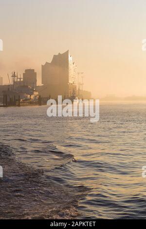 Deutschland, Hamburg, Silhouette der Elbphilharmonie bei Sonnenaufgang über dem Fluss gesehen Stockfoto