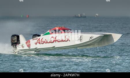 UIM 2019 Xcat-Weltmeisterschaft, Sunset Beach Dubai. Abu Dhabi 4, Crew Shaun Torrente, Faleh Almansoori Stockfoto