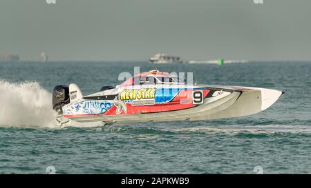 UIM 2019 Xcat-Weltmeisterschaft, Sunset Beach Dubai. New Star Racing, Crew Mikhail Kitaschew, Dmitrij Vandyschew, Stockfoto