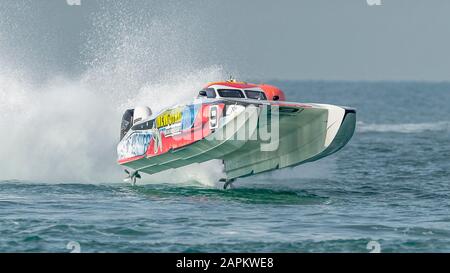 UIM 2019 Xcat-Weltmeisterschaft, Sunset Beach Dubai. New Star Racing, Crew Mikhail Kitaschew, Dmitrij Vandyschew, Stockfoto